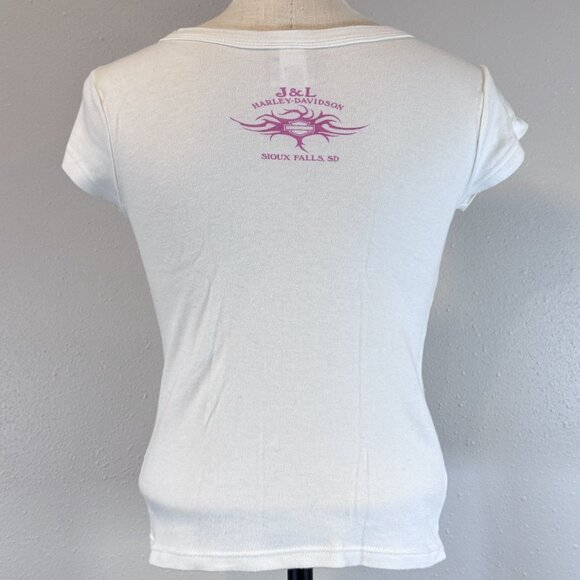 Harley-Davidson Womens White Sturgis 2007 T-Shirt Pink Rhinestone Logo Size S - Picture 2 of 15